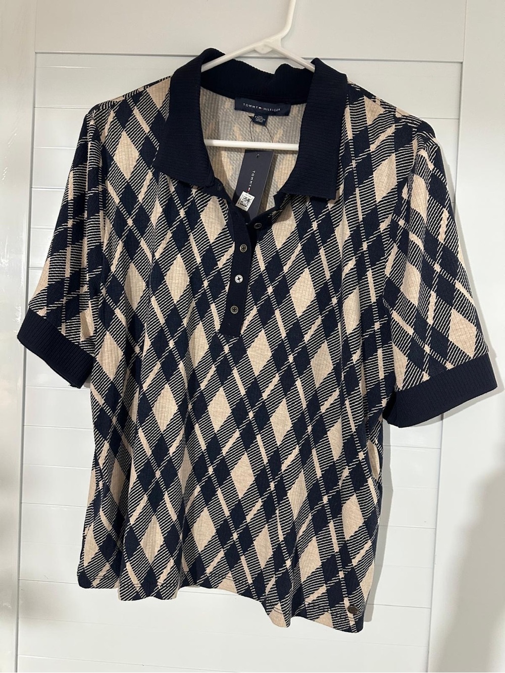 Tommy Hilfiger Navy and Cream Argyle Polo Shirt